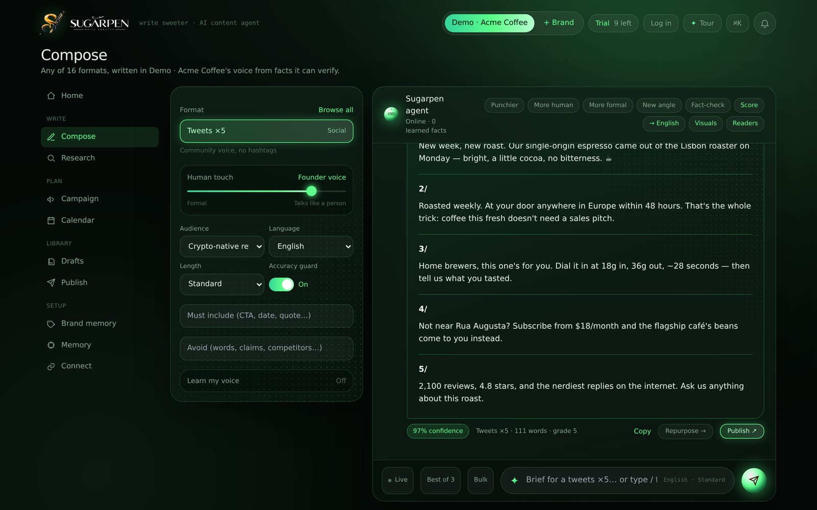 The Sugarpen app writing five tweets for the sample brand Acme Coffee, with format, human-touch, audience and accuracy settings on the left and the finished draft on the right.